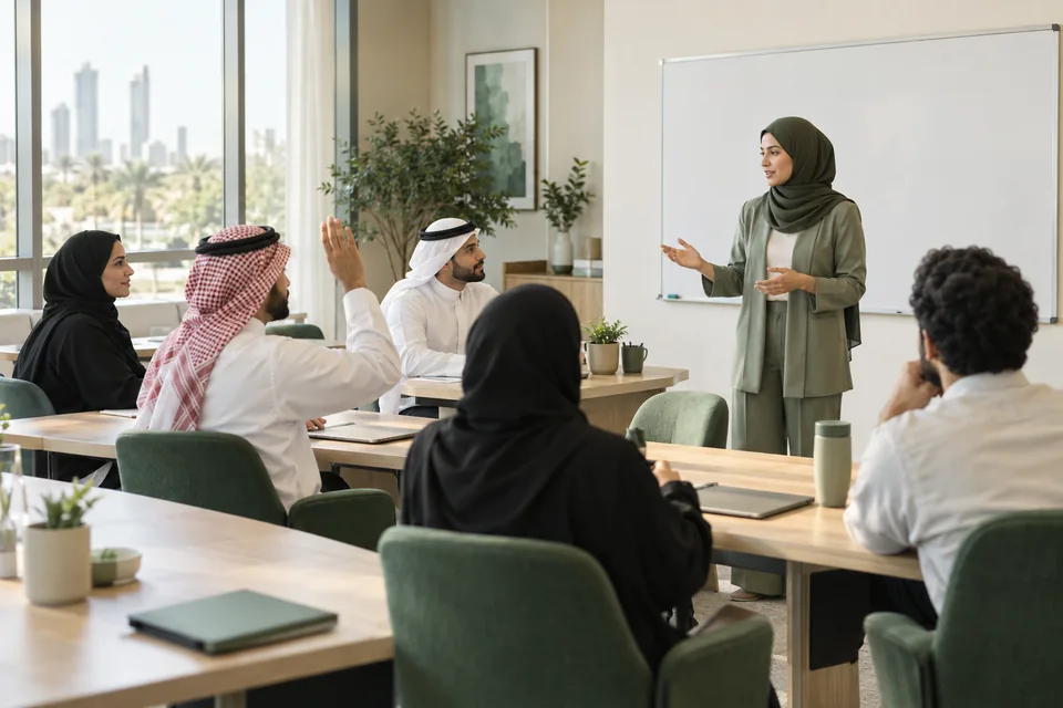 مدرّبة تشرح فكرة وتتفاعل مع المشاركين في ورشة عمل