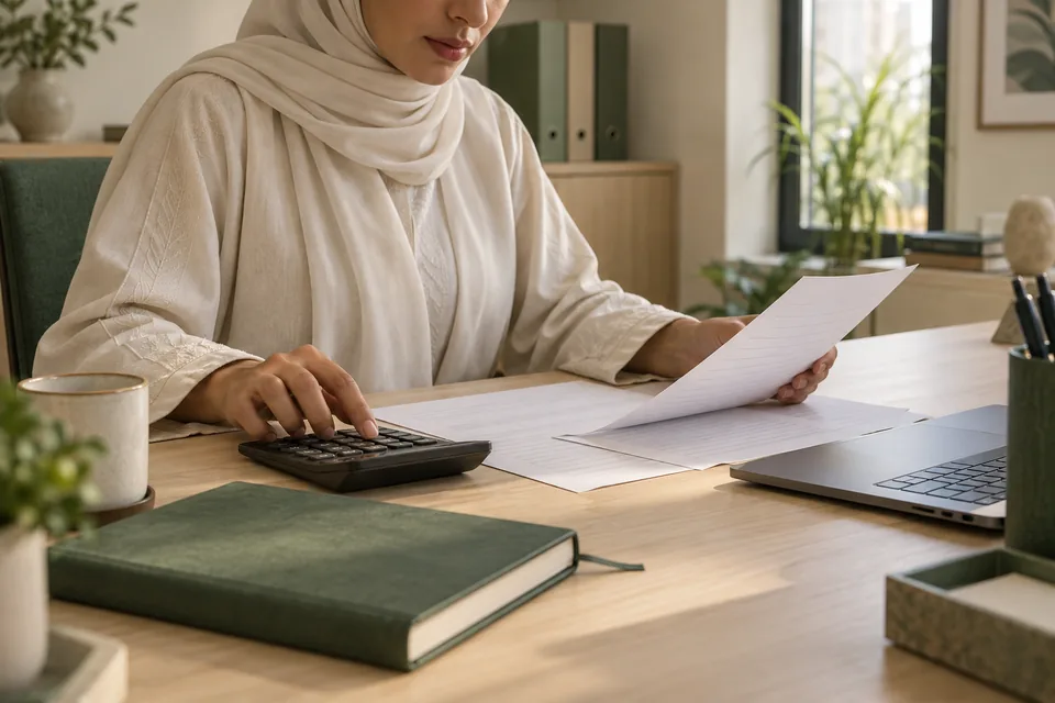 مراجعة مستندات مالية وآلة حاسبة في مساحة عمل هادئة