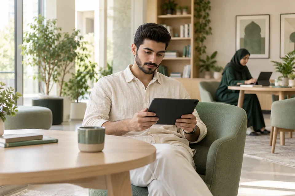 متدرب يستخدم جهازاً لوحياً في مساحة تعلّم مضيئة