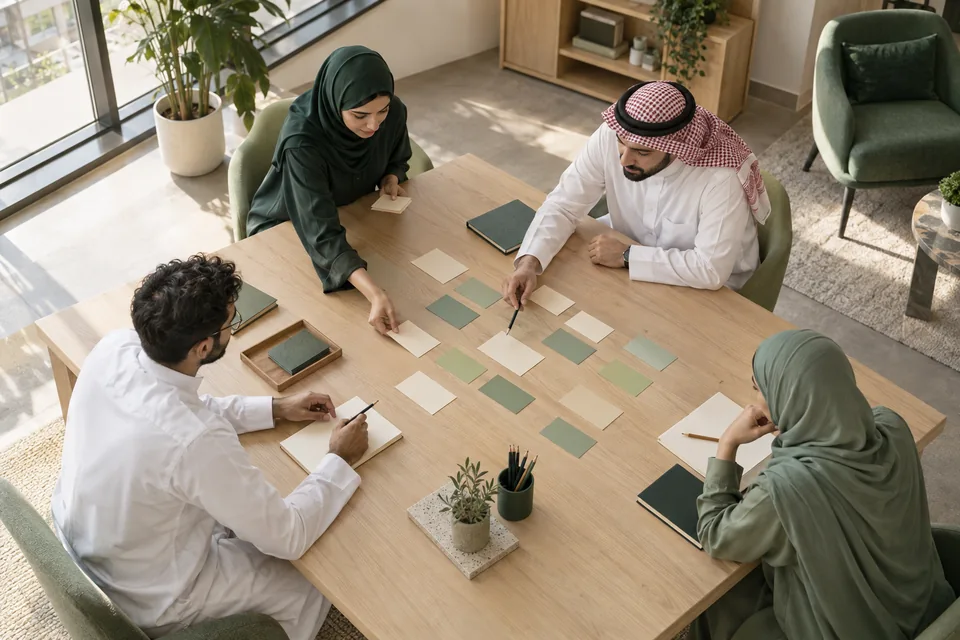 فريق يخطط معاً حول طاولة عليها بطاقات وملاحظات